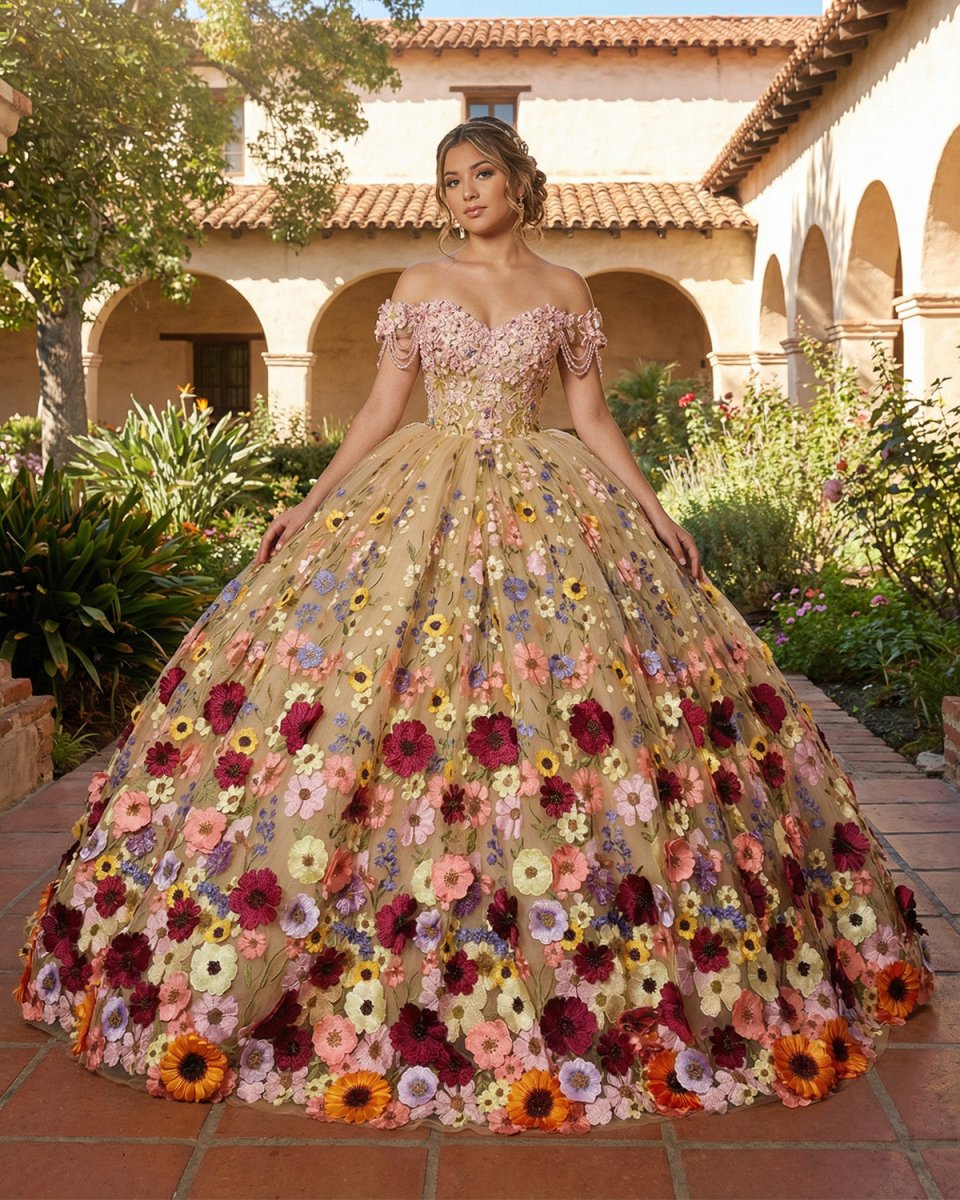 Quinceanera Flower  Off-the-Shoulder Ball Gown Dress