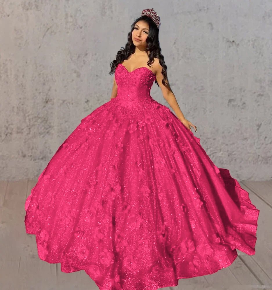 Red 3D Flowers Glitter Sequins Sleeveless Quinceanera Dresses