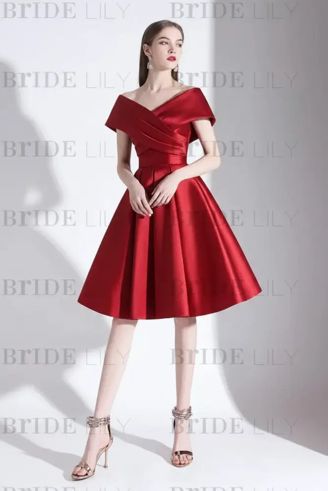Off-the-Shoulder Knee-Length Evening Dress A-Line V-Neck Pleated Satin Cocktail Dress Little Black Dress
