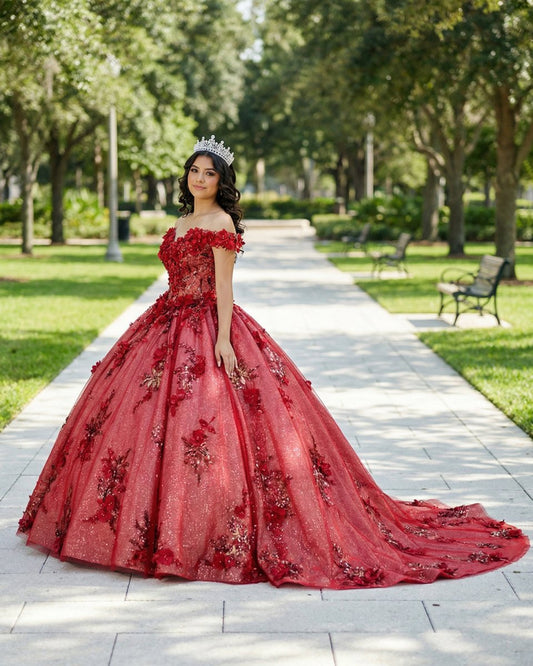 Red Flower  Off-the-Shoulder Quinceañera Dress