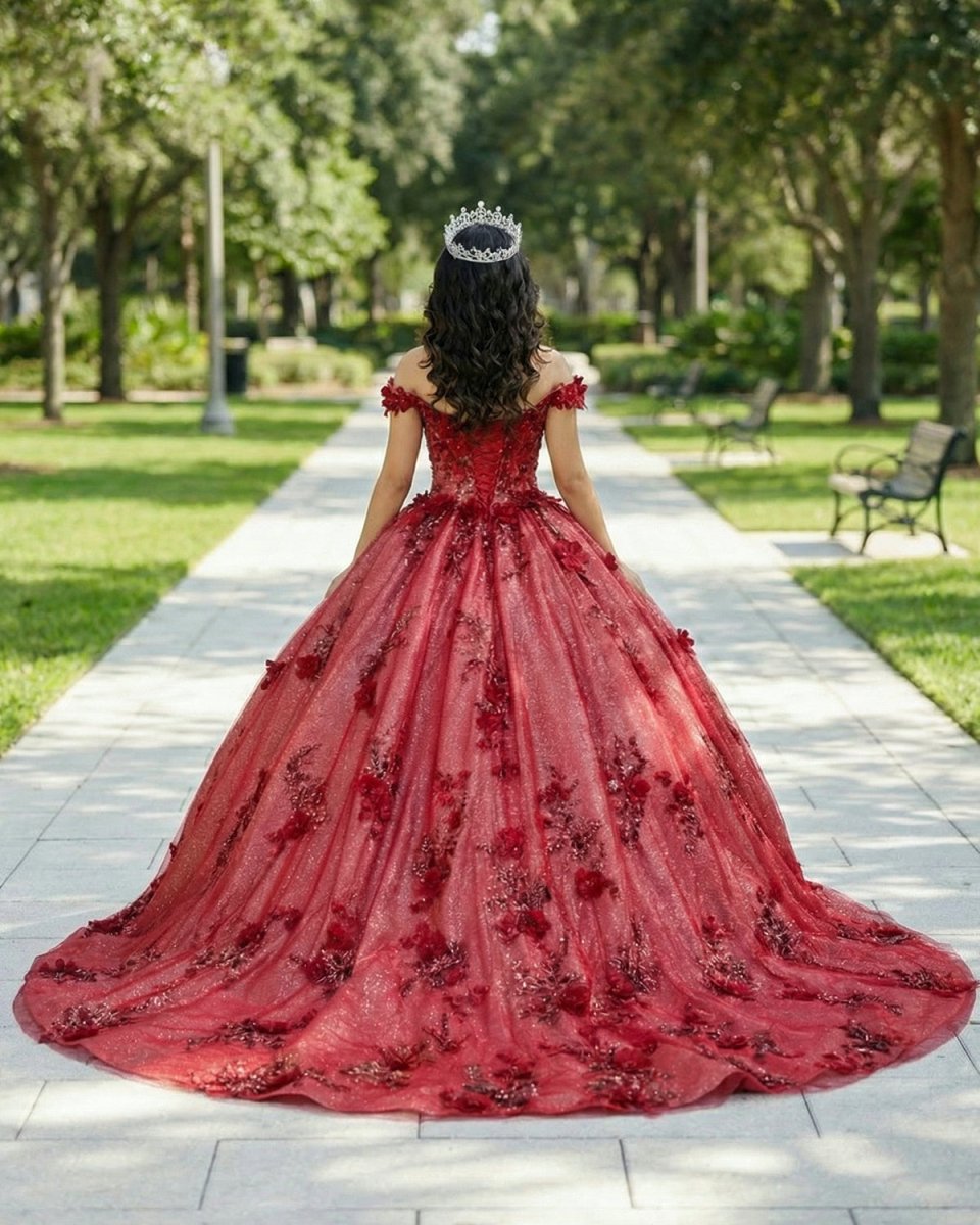 Red Flower  Off-the-Shoulder Quinceañera Dress
