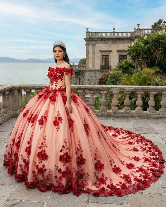 Red Off The Shoulder Tulle Quinceanera Dresses With Lace Appliques
