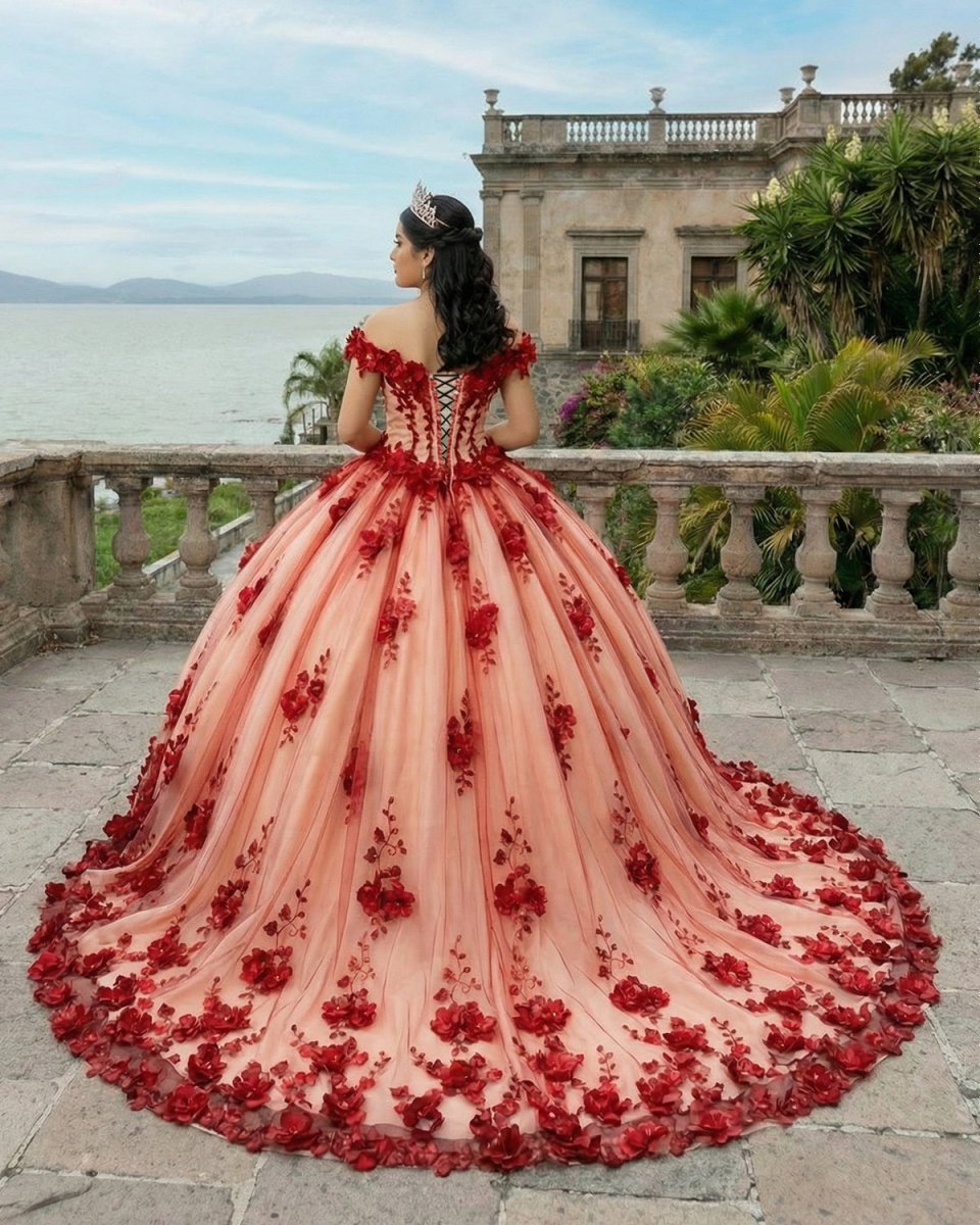 Red Off The Shoulder Tulle Quinceanera Dresses With Lace Appliques