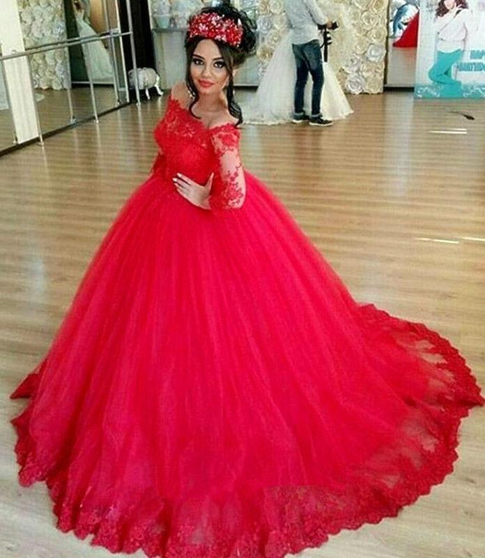 Red Long Sleeve Off-the-shoulder Lace Wedding Dress Ball Gown Quinceanera Dresses