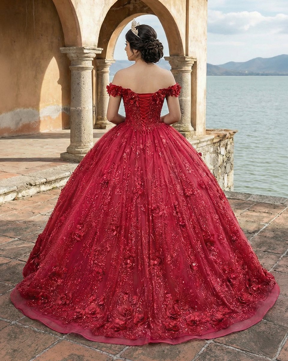 Red Quinceanera Dress Ball Gown Sequined Flowers
