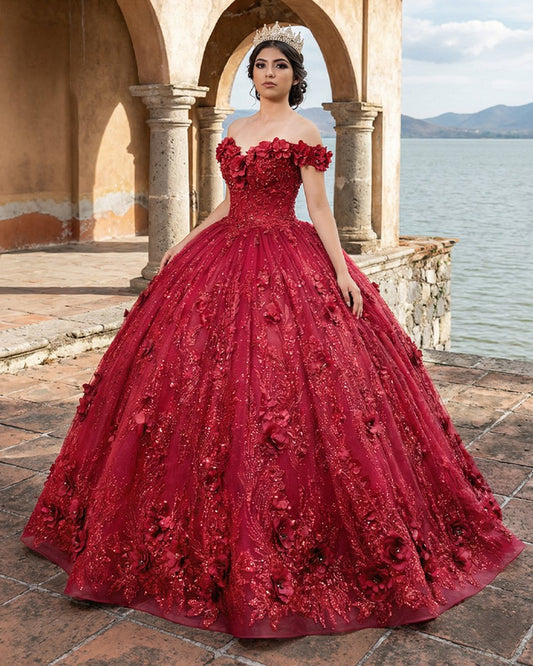 Red Quinceanera Dress Ball Gown Sequined Flowers