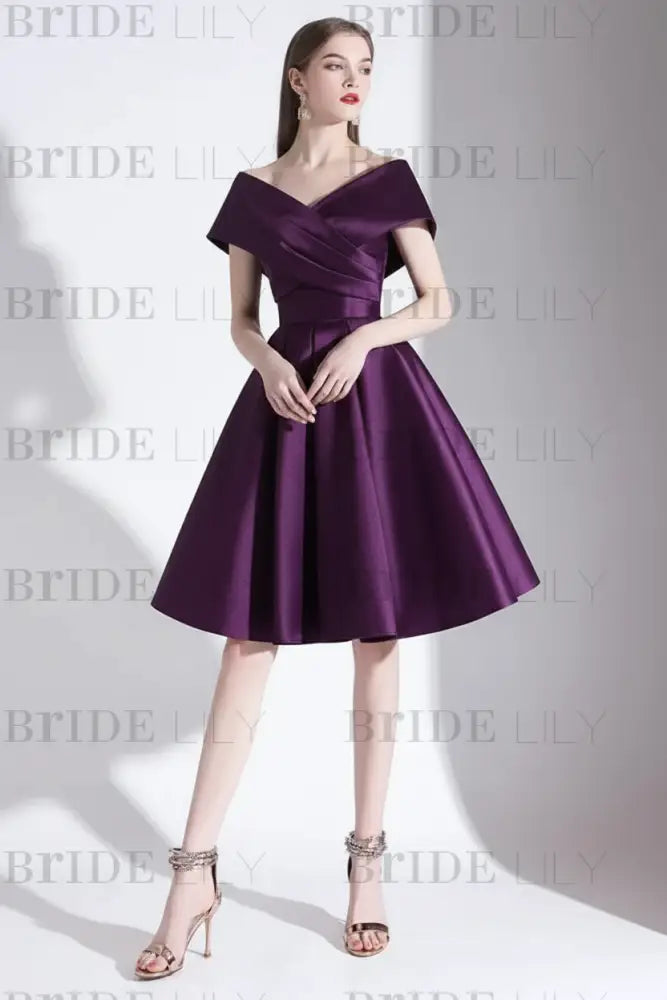 Off-the-Shoulder Knee-Length Evening Dress A-Line V-Neck Pleated Satin Cocktail Dress Little Black Dress
