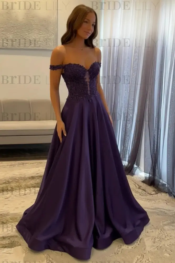 Off-the-Shoulder A-line Evening Dress Lace Prom Dress Long