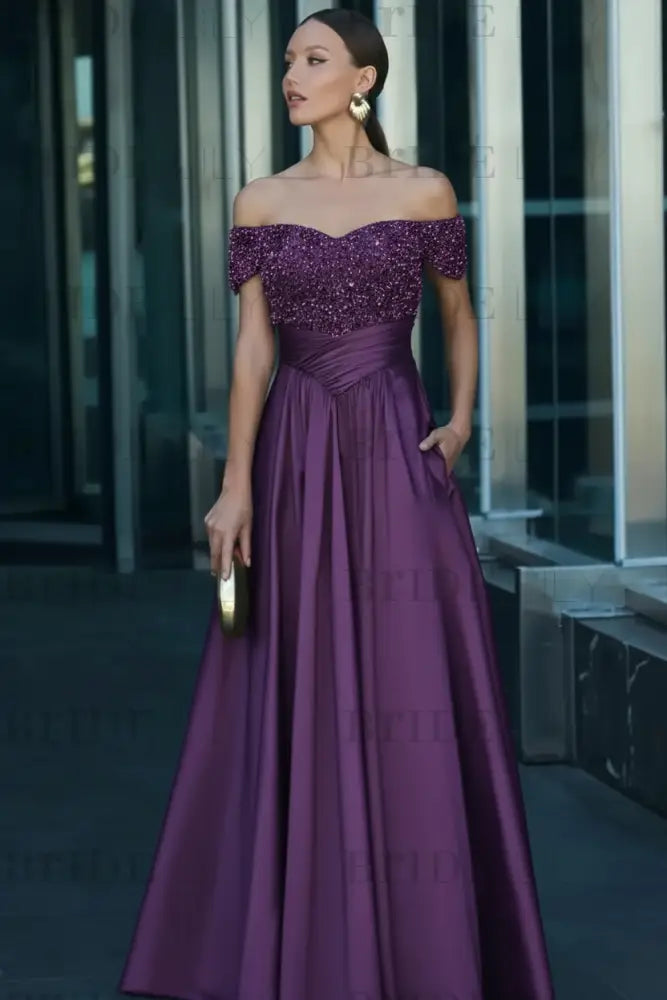 Off-the-Shoulder Dark Green Satin Aline Formal Dress with Beadings