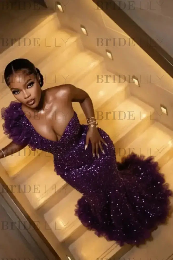 One Shoulder Sequins Prom Dress Mermaid Beadings Evening Gown Long