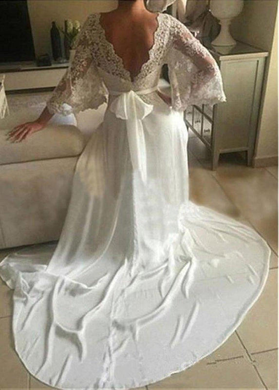 Romantic Boho V Neck Lace Appliques Chiffon Long Beach Wedding Dress