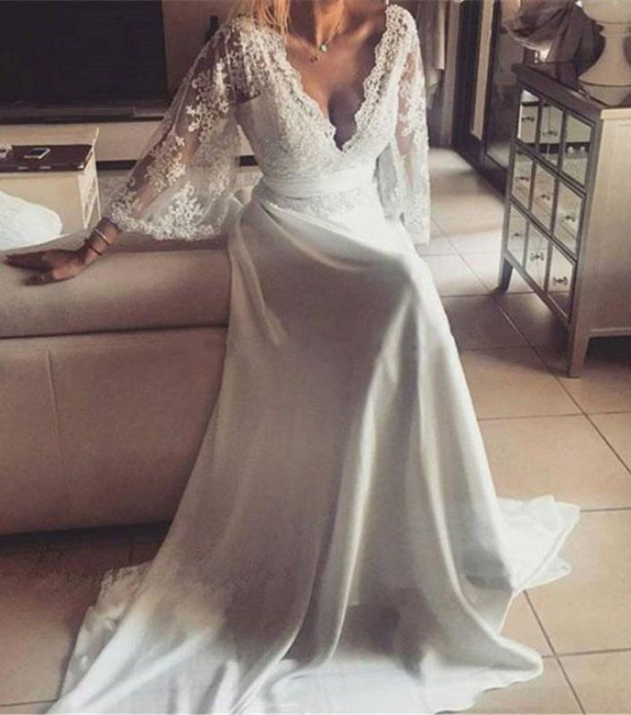 Romantic Boho V Neck Lace Appliques Chiffon Long Beach Wedding Dress