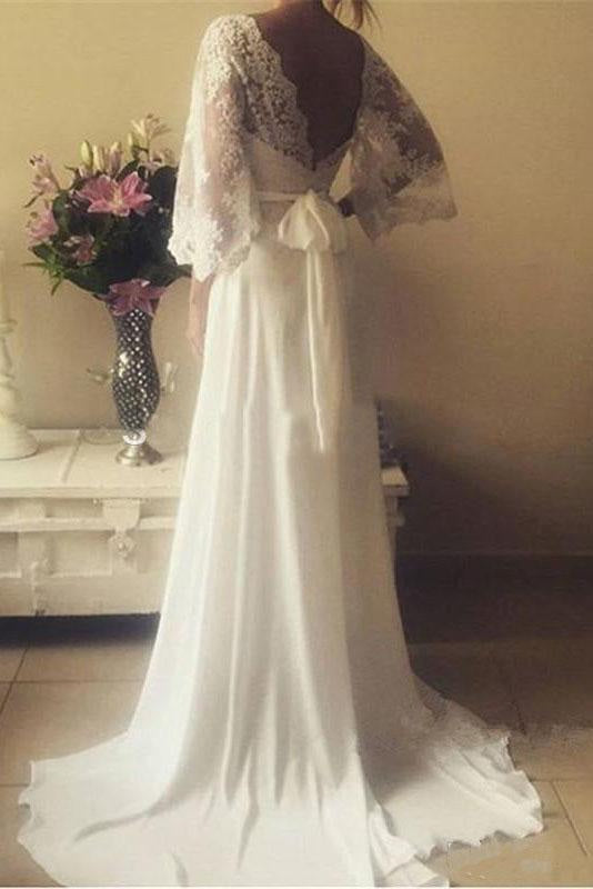 Romantic Boho V Neck Lace Appliques Chiffon Long Beach Wedding Dress