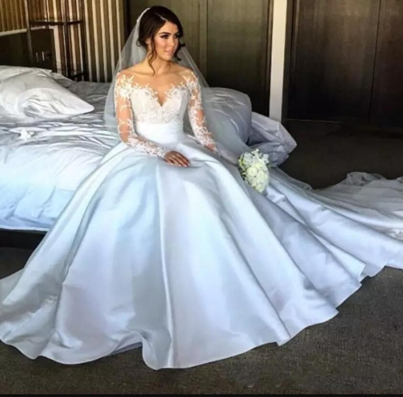 Romantic Lace Satin Aline Wedding Dress with Long Sleeves Illusion Back