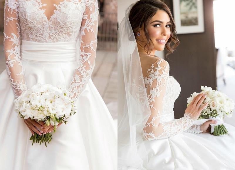 Romantic Lace Satin Aline Wedding Dress with Long Sleeves Illusion Back