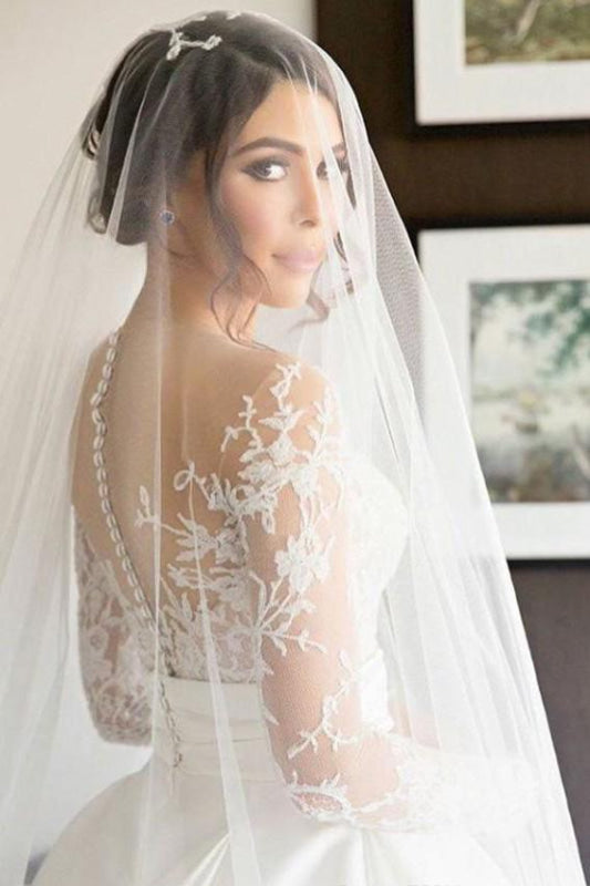 Romantic Lace Satin Aline Wedding Dress with Long Sleeves Illusion Back