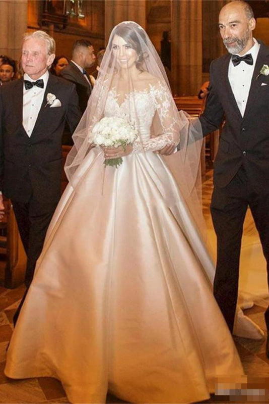 Romantic Lace Satin Aline Wedding Dress with Long Sleeves Illusion Back