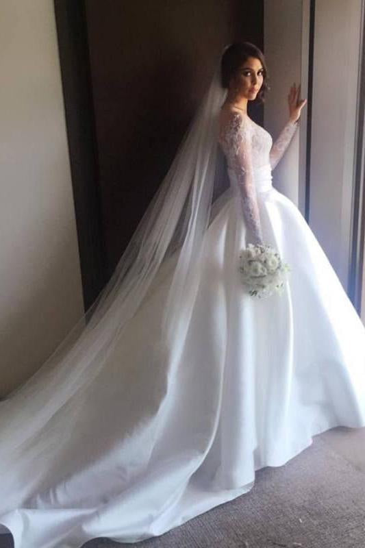 Romantic Lace Satin Aline Wedding Dress with Long Sleeves Illusion Back