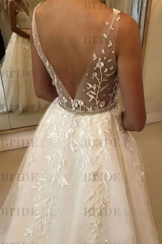 Romantic V Neck Beach with Lace Appliques A Line Wedding Dress