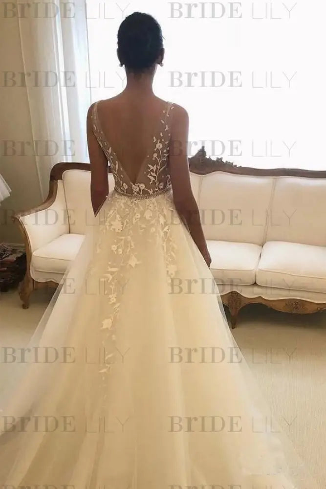 Romantic V Neck Beach with Lace Appliques A Line Wedding Dress