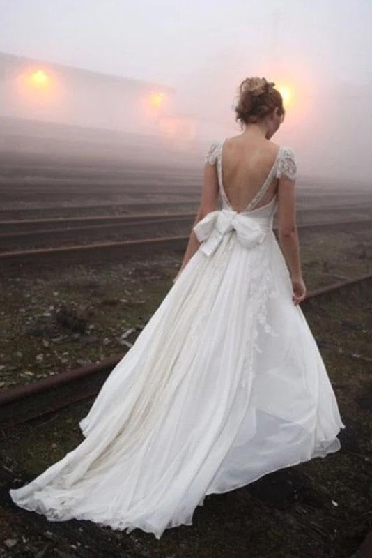 Romantic V Neck Cap Sleeves Chiffon Beach Wedding Dress