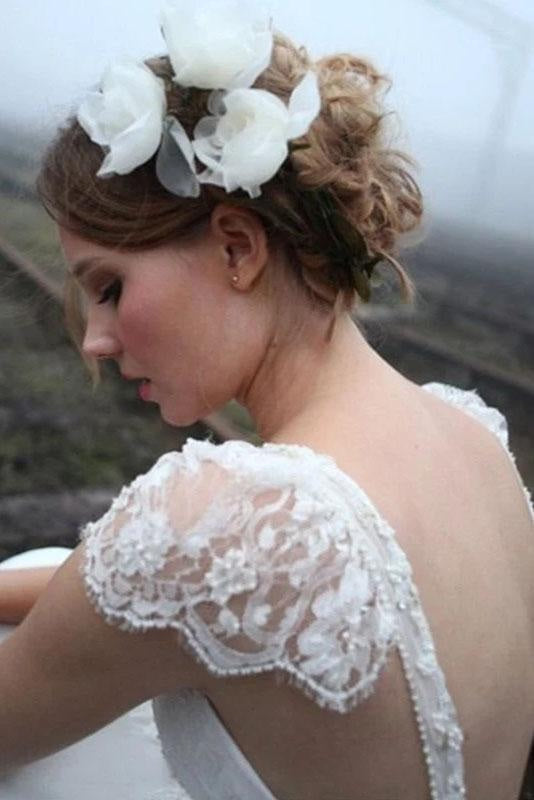 Romantic V Neck Cap Sleeves Chiffon Beach Wedding Dress
