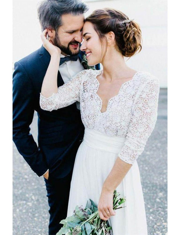 Romantic V Neck Chiffon Lace A Line Wedding Dresses