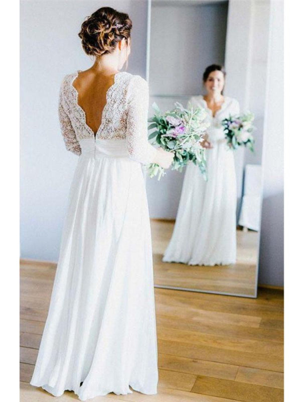 Romantic V Neck Chiffon Lace A Line Wedding Dresses