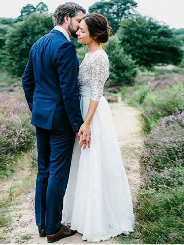 Romantic V Neck Chiffon Lace A Line Wedding Dresses