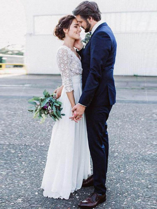 Romantic V Neck Chiffon Lace A Line Wedding Dresses