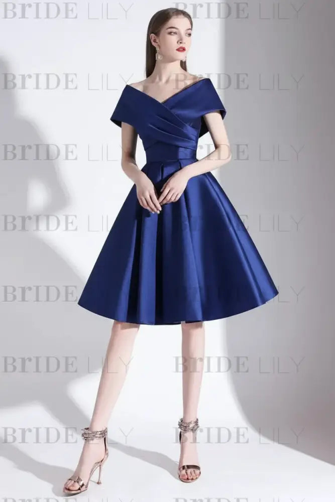 Off-the-Shoulder Knee-Length Evening Dress A-Line V-Neck Pleated Satin Cocktail Dress Little Black Dress