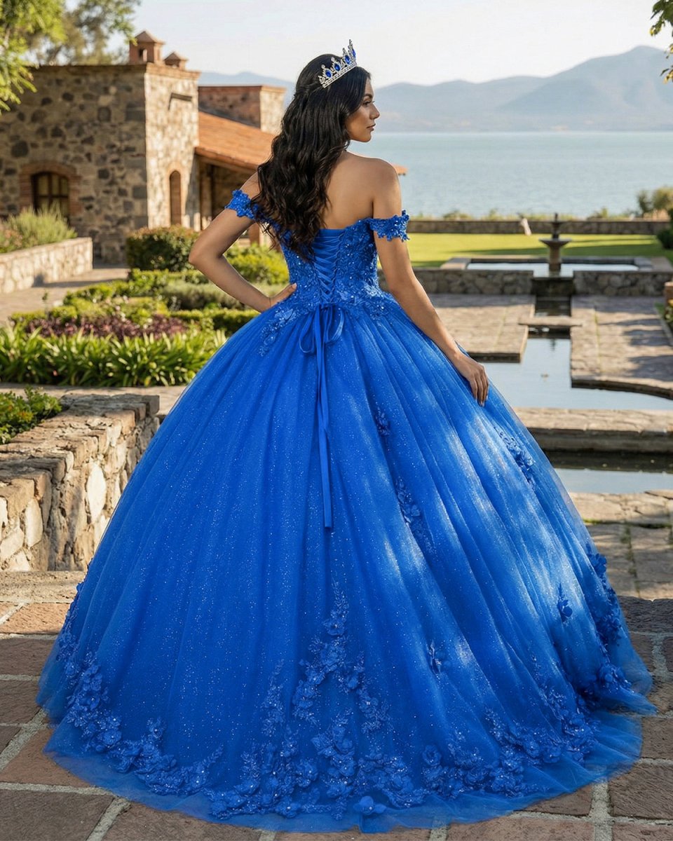 Royal Blue Off-Shoulder Ball Gown With Flowers Tulle Quinceanera Dress