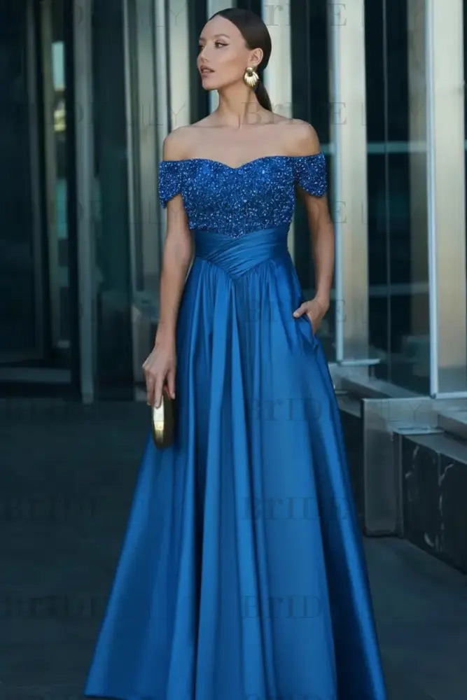 Off-the-Shoulder Dark Green Satin Aline Formal Dress with Beadings