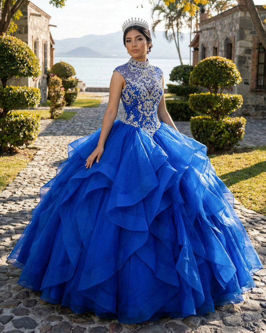 Royal Blue Organza High Neck Quinceanera Dresses Burgundy Prom Dresses