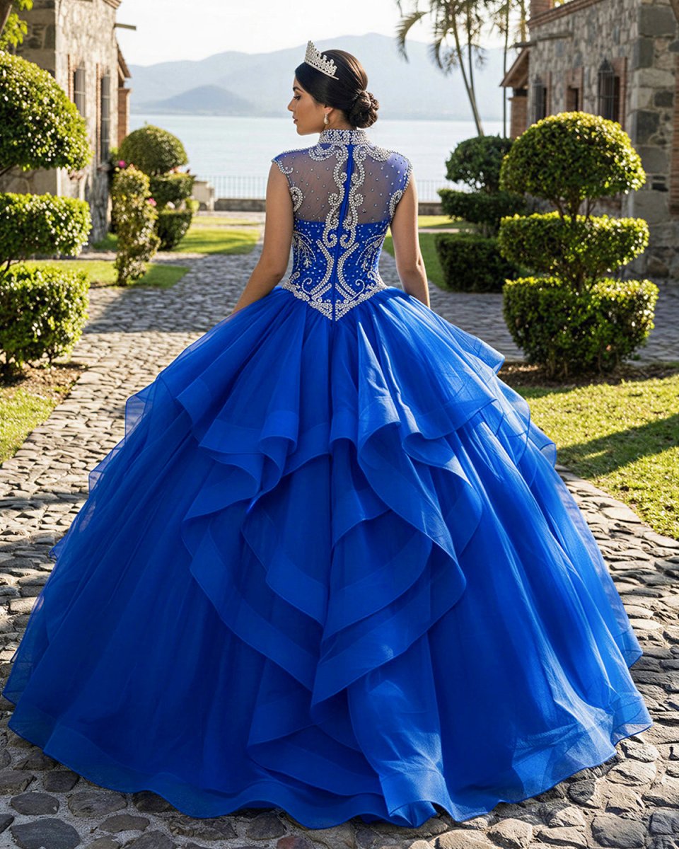 Royal Blue Organza High Neck Quinceanera Dresses Burgundy Prom Dresses