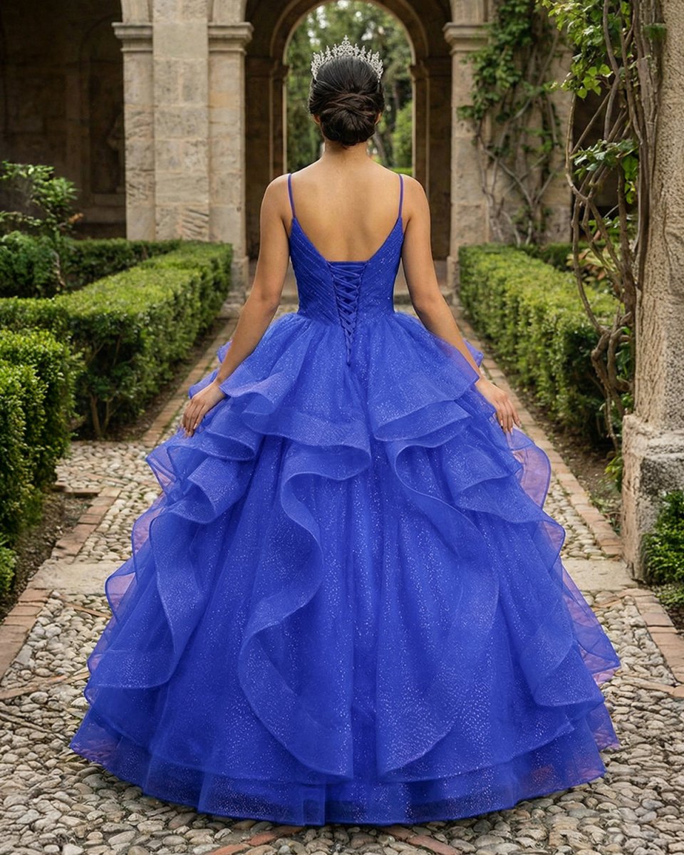 Royal Blue V Neck Tulle Quinceanera Dresses With Ruffles