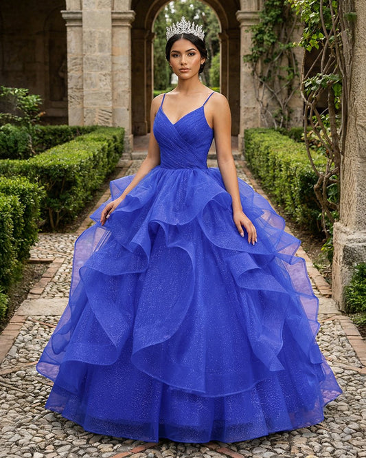 Royal Blue V Neck Tulle Quinceanera Dresses With Ruffles