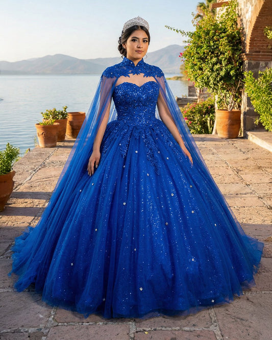 Royal Blue Tulle Ball Gown Prom Dress With Cape