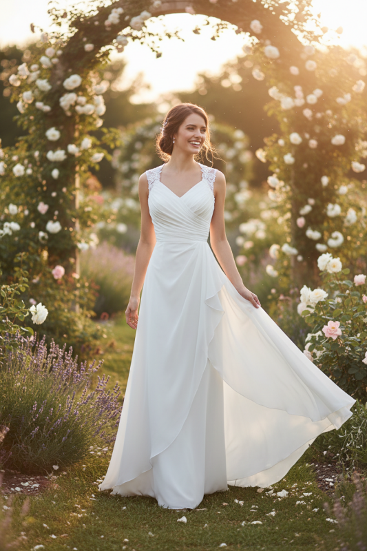 Ruffle Sleeveless Lace Chiffon Sheath Wedding Dress