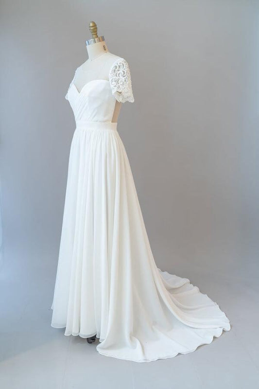 Ruffle Short Sleeve Chiffon A-line Wedding Dress
