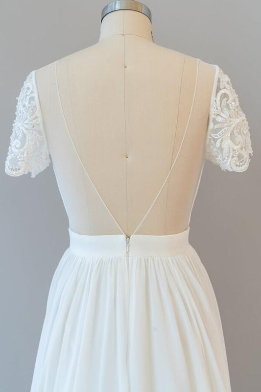 Ruffle Short Sleeve Chiffon A-line Wedding Dress