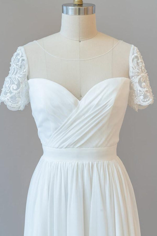 Ruffle Short Sleeve Chiffon A-line Wedding Dress