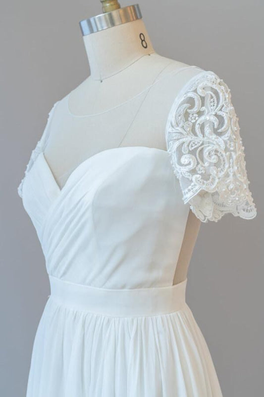 Ruffle Short Sleeve Chiffon A-line Wedding Dress