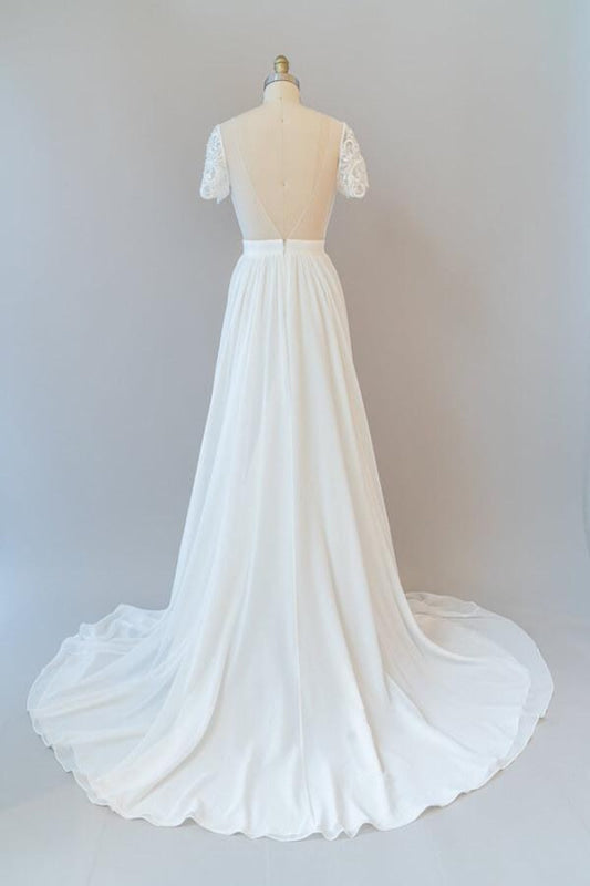 Ruffle Short Sleeve Chiffon A-line Wedding Dress