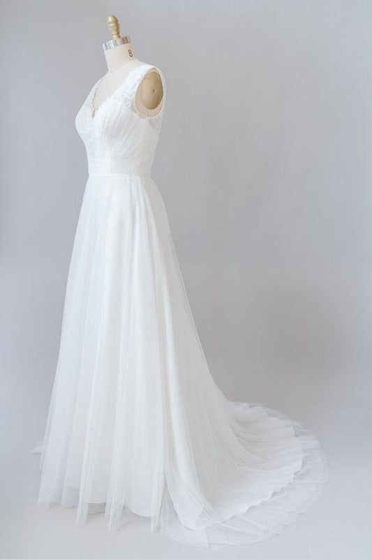 Ruffle V-neck Lace Tulle A-line Wedding Dress