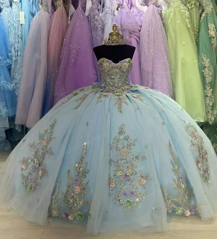 Sweetheart Ball Gown Tulle Sage Strapless Quinceanera Dress
