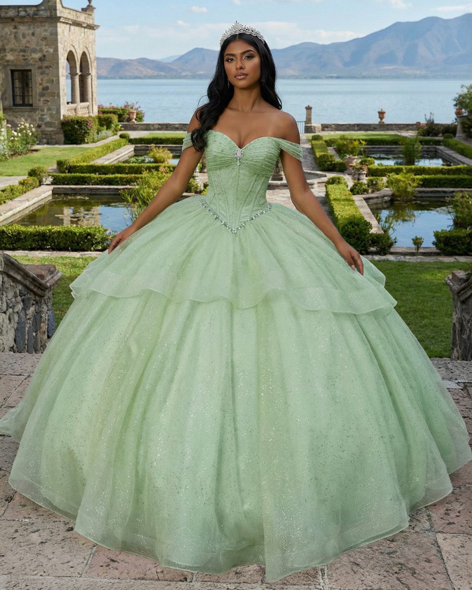 Sage Green Off The Shoulder Tulle Beaded Quinceanera Dress Wth Bow