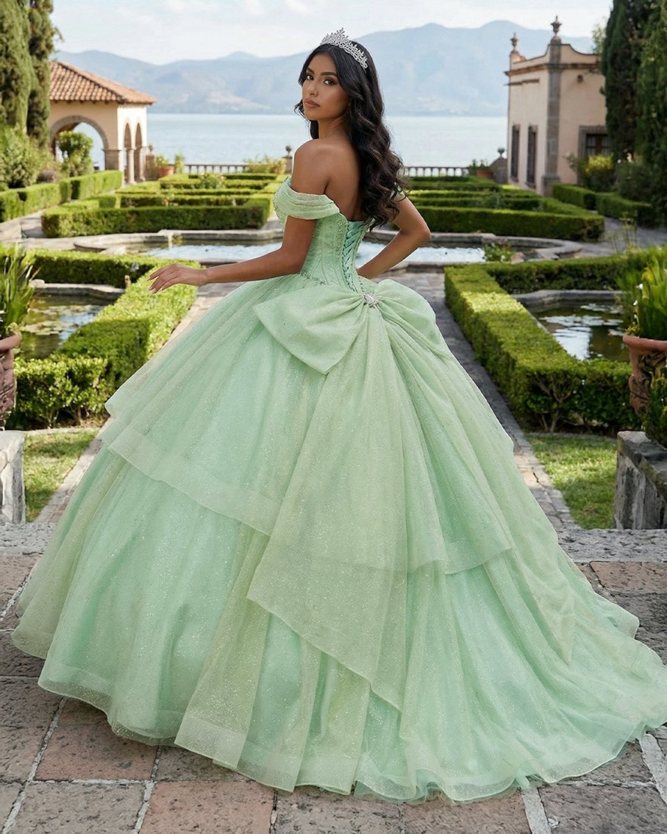 Sage Green Off The Shoulder Tulle Beaded Quinceanera Dress Wth Bow