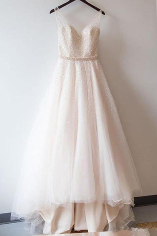 Sequined Dresses Shining V-neck Prom Gowns with Beaded Waist Beach Wedding Dress