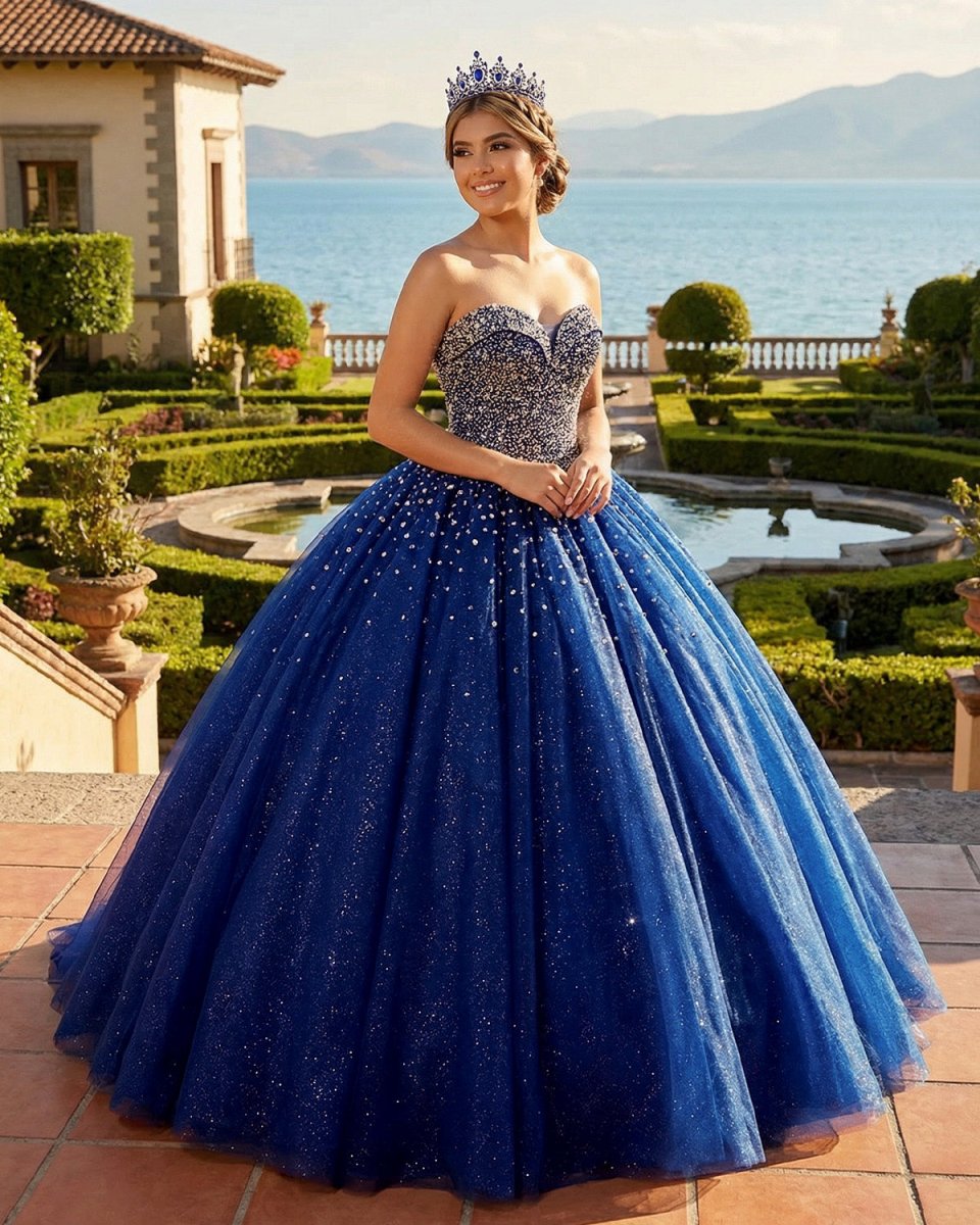 Navy Blue Sweetheart Tulle Quinceanera Dresses With Beadings